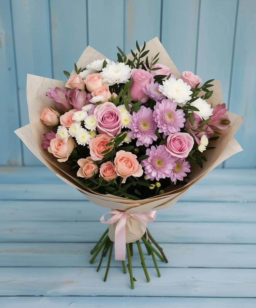 Букет цветов из: Хризантемы, Розы и Альстромерии в Чапаевском