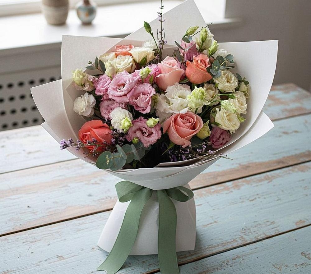 Букет цветов из: Розы, Лизиантусы и Гвоздики в Чапаевском