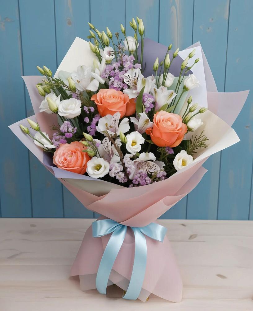 Букет цветов из: Лизиантусы, Розы, Альстромерии и Гипсофила в Чапаевском