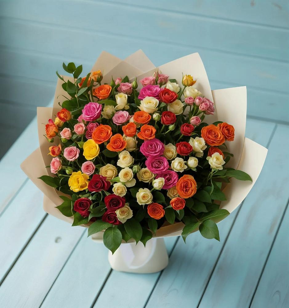 Букет Микс из разноцветных кустовых роз в Чапаевском