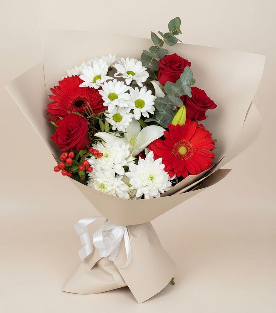 Букет цветов из: Розы, Хризантемы, Герберы и Лилии в Чапаевском