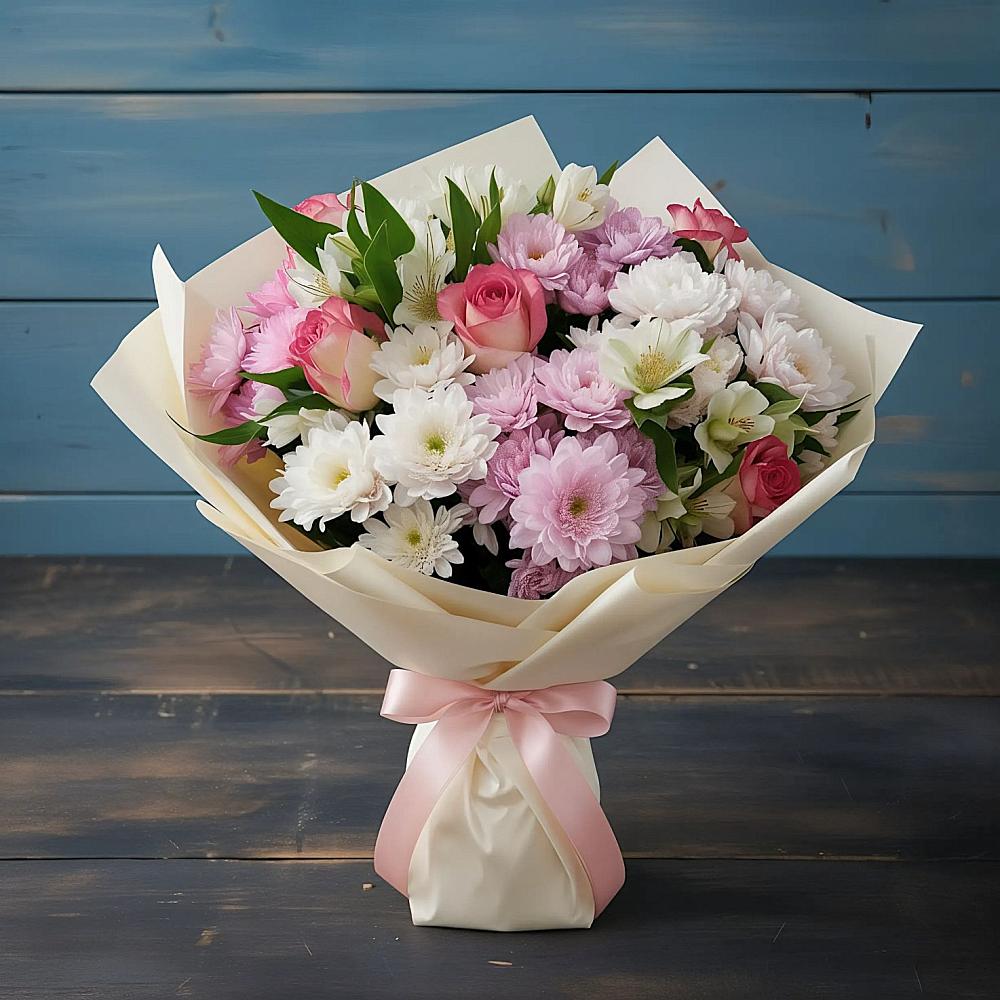 Букет цветов из: Хризантемы, Альстромерии и Розы в Чапаевском